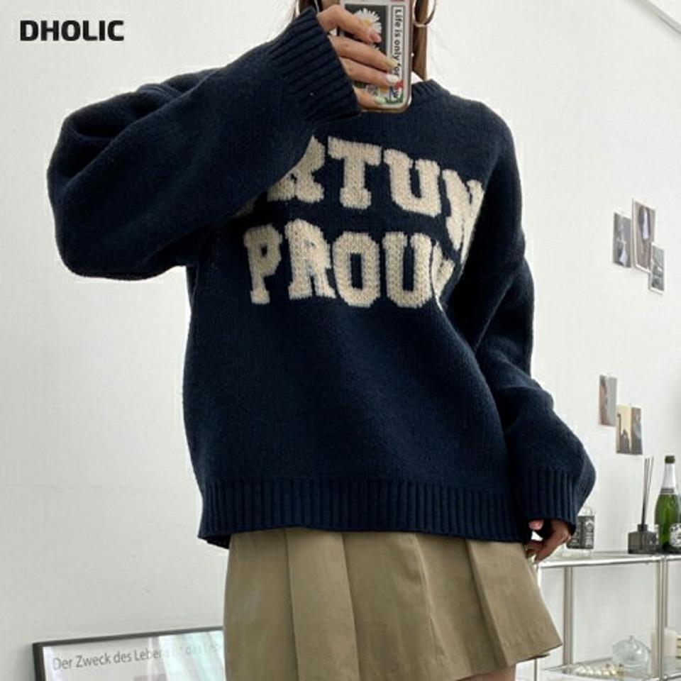ウール混FORTUNE PROUNニット・p001535 レディース 【tops】トップス ニット 長袖 柄 模様 ウール混 ロゴ ドロップショルダー 秋 冬 カジュアル ラフ かわいい 可愛い ゆったり 韓国ファッション MKT