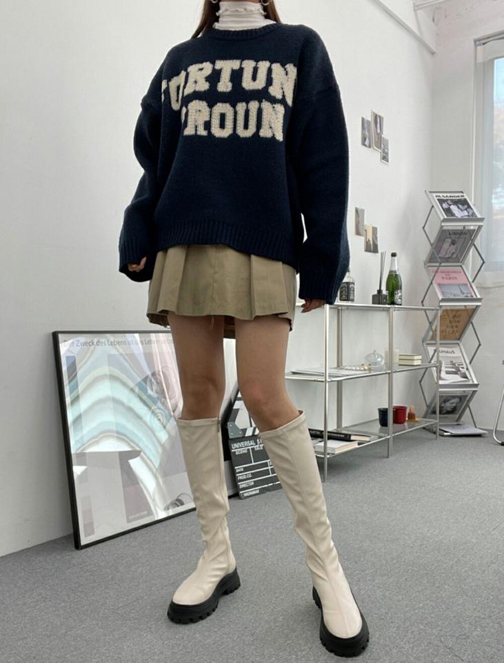 ウール混FORTUNE PROUNニット・p001535 レディース 【tops】トップス ニット 長袖 柄 模様 ウール混 ロゴ ドロップショルダー 秋 冬 カジュアル ラフ かわいい 可愛い ゆったり 韓国ファッション MKT