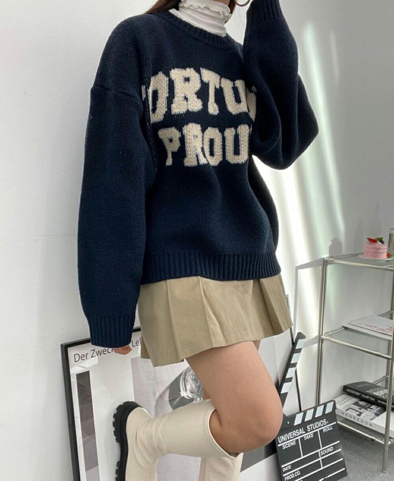 ウール混FORTUNE PROUNニット・p001535 レディース 【tops】トップス ニット 長袖 柄 模様 ウール混 ロゴ ドロップショルダー 秋 冬 カジュアル ラフ かわいい 可愛い ゆったり 韓国ファッション MKT