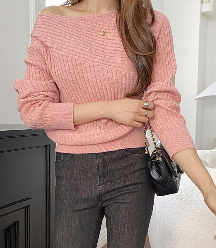 2WAYウール混マルチリブニット・p001525 レディース 【tops】トップス ニット 長袖 単色 無地 シンプル ベーシック リブ ウール混 ボートネック 鎖骨 デコルテ ワンショルダー 肩出し 秋 冬 キュート 大人 セクシー 韓国ファッション MKT