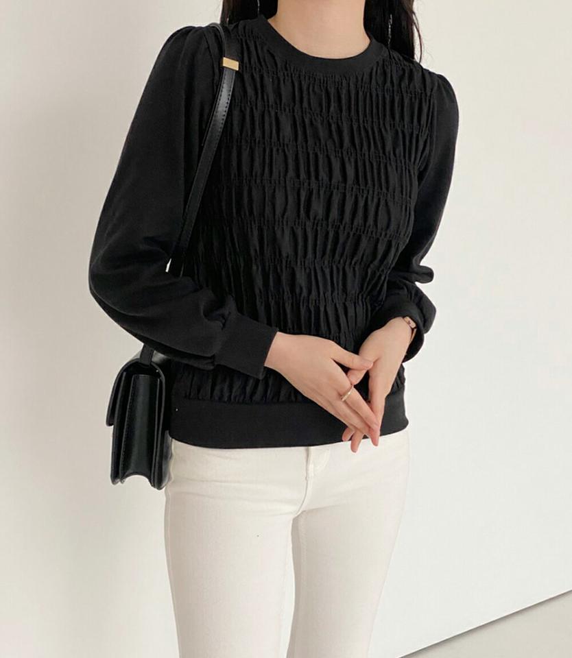 シャーリングスウェット・p001516 レディース 【tops】トップス Tシャツ スウェット トレーナー 長袖 柄 模様 異素材 シャーリング 秋 冬 かわいい 可愛い キュート ラブリー かわいい 可愛い 韓国ファッション MKT