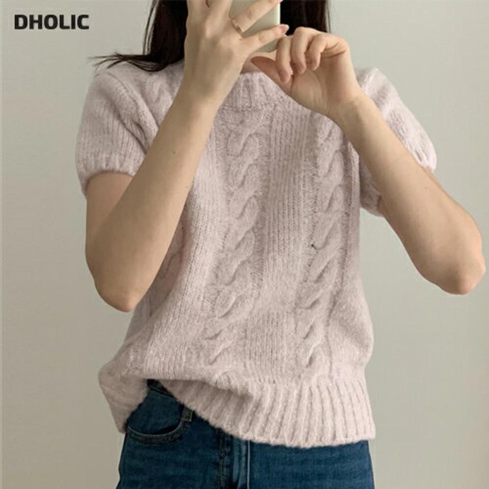 モヘア混メランジ半袖ケーブルニット・p001719 レディース 【tops】トップス ニット 半袖 単色 柄 模様 ケーブルニット ケーブル編み メランジ モヘア混 秋 春 サマーニット かわいい 可愛い キュート 韓国ファッション MKT