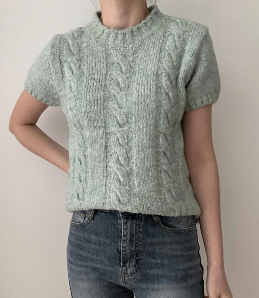 モヘア混メランジ半袖ケーブルニット・p001719 レディース 【tops】トップス ニット 半袖 単色 柄 模様 ケーブルニット ケーブル編み メランジ モヘア混 秋 春 サマーニット かわいい 可愛い キュート 韓国ファッション MKT
