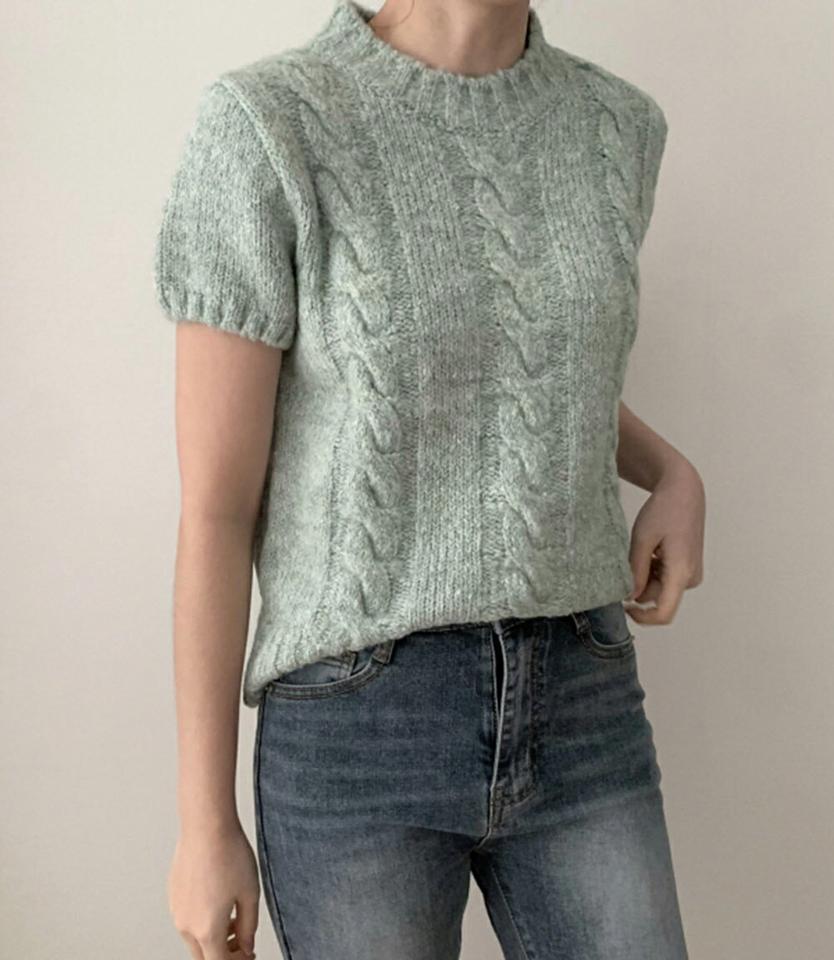 モヘア混メランジ半袖ケーブルニット・p001719 レディース 【tops】トップス ニット 半袖 単色 柄 模様 ケーブルニット ケーブル編み メランジ モヘア混 秋 春 サマーニット かわいい 可愛い キュート 韓国ファッション MKT
