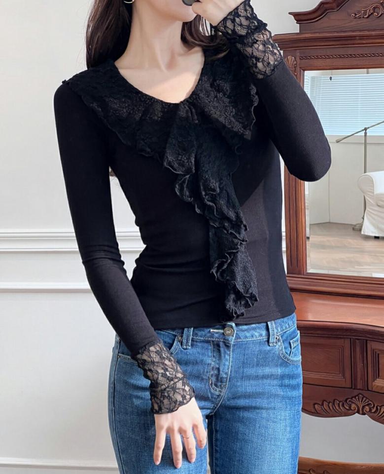 レースラッフル長袖Tシャツ・p001578 レディース 【tops】トップス Tシャツ 長袖 柄 模様 異素材 レース ラッフル 襟コン 鎖骨 デコルテ スリム 細身 タイト 秋 冬 キュート かわいい 可愛い ラブリー 韓国ファッション MKT