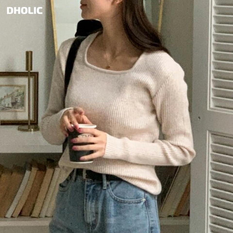 カシミヤ混スクエアネックリブニット・p001533 レディース 【tops】トップス 長袖 ニット 単色 無地 シンプル ベーシック リブ スクエアネック 鎖骨 デコルテ カシミヤ混 秋 冬 かわいい 可愛い 韓国ファッション MKT