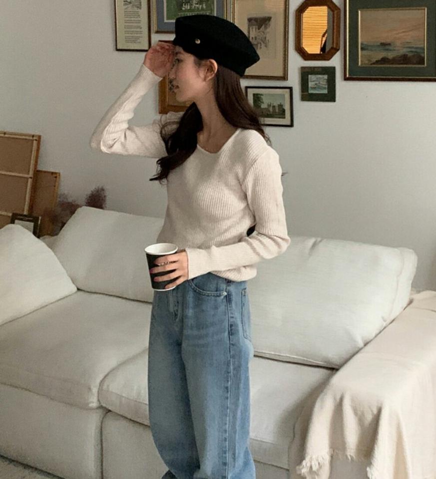 カシミヤ混スクエアネックリブニット・p001533 レディース 【tops】トップス 長袖 ニット 単色 無地 シンプル ベーシック リブ スクエアネック 鎖骨 デコルテ カシミヤ混 秋 冬 かわいい 可愛い 韓国ファッション MKT