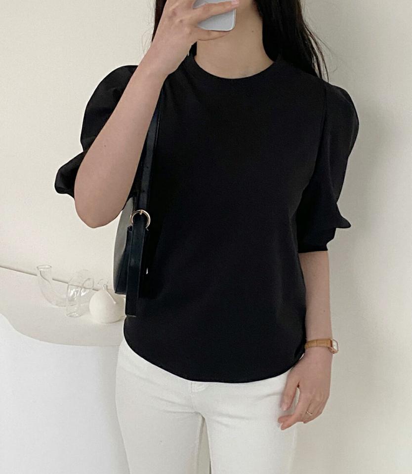 7分袖パフTシャツ・p001518 レディース 【tops】トップス Tシャツ 七分袖 7分袖 単色 無地 シンプル ベーシック パフ袖 パフスリーブ パステル 春 夏 秋 かわいい 可愛い キュート ラブリー 韓国ファッション MKT