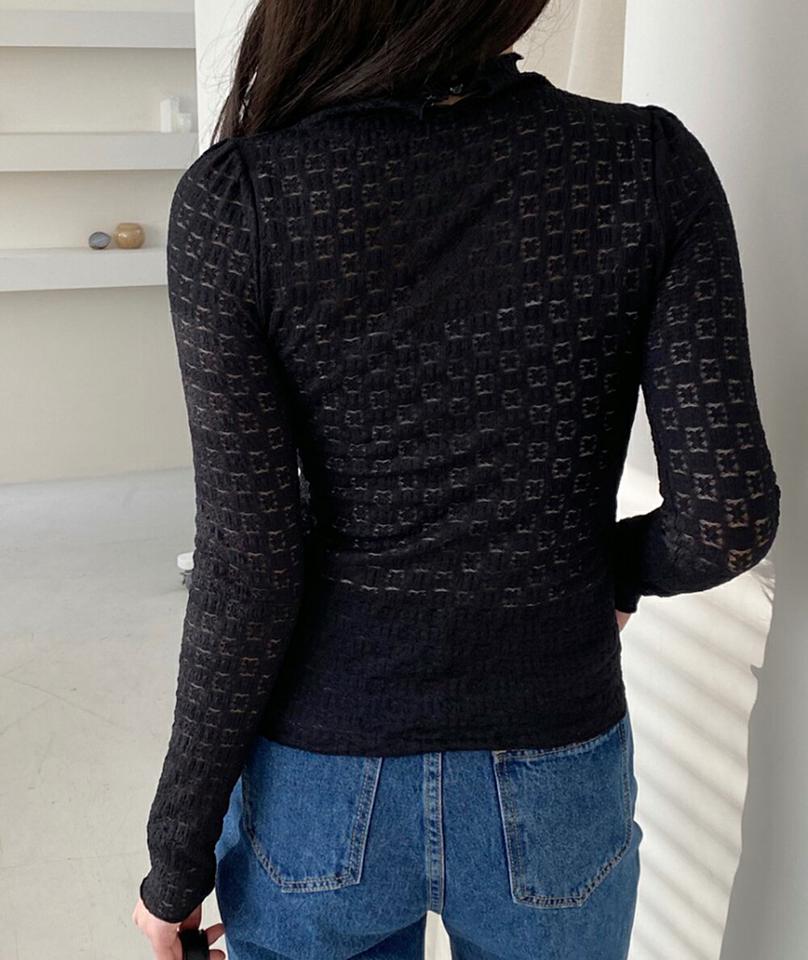 【マラソン特価】バックボタンレースハーフネックTシャツ・p001514 レディース 【tops】トップス Tシャツ 長袖 柄 模様 バックボタン レース ハーフネック タイト 細身 スリム 総柄 総レース 秋 冬 透け感 シースルー シアー キュート 韓国ファッション MKT セール