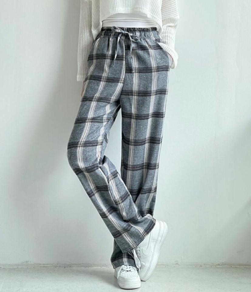 チェックワイドパンツ・p001676 レディース 【pt】パンツ ロング丈 柄 模様 ワイド ウエストゴム チェック 秋 冬 カジュアル ラフ ゆったり 楽ちん かわいい 可愛い キュート 韓国ファッション MKT