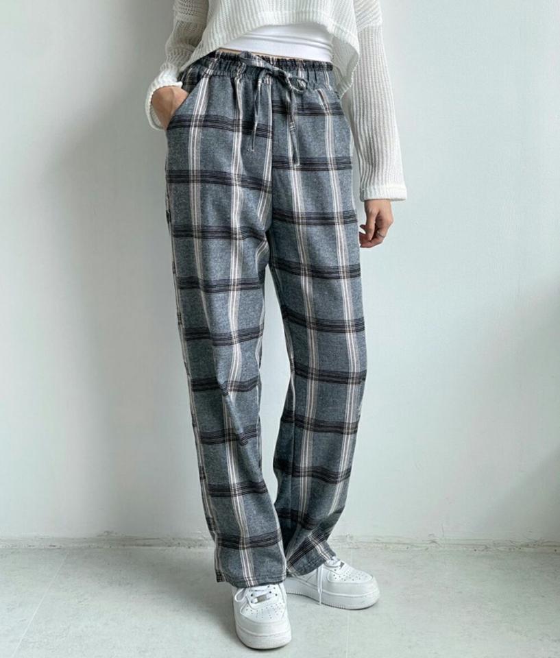 チェックワイドパンツ・p001676 レディース 【pt】パンツ ロング丈 柄 模様 ワイド ウエストゴム チェック 秋 冬 カジュアル ラフ ゆったり 楽ちん かわいい 可愛い キュート 韓国ファッション MKT