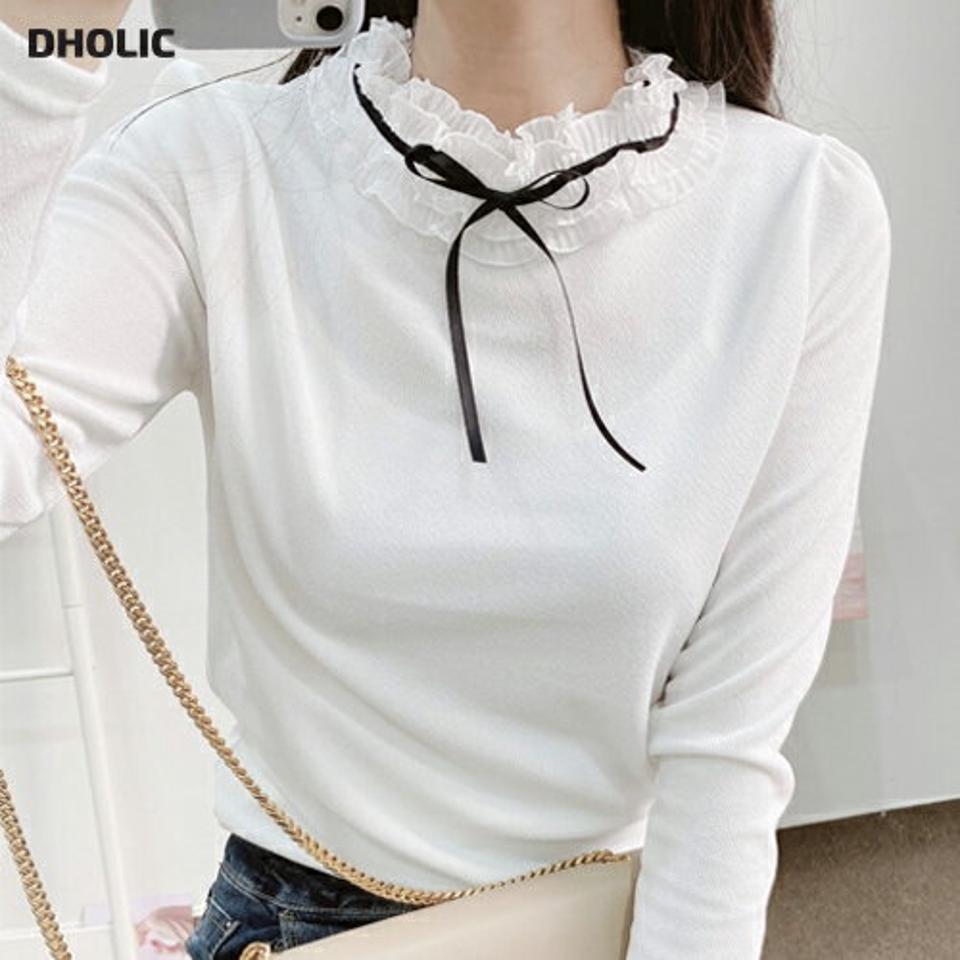 フリルリボンネック長袖Tシャツ・p001659 レディース 【tops】トップス Tシャツ 長袖 柄 模様 襟コン 配色 レース 異素材 フリル リボン りぼん 秋 冬 かわいい 可愛い キュート ラブリー 韓国ファッション MKT