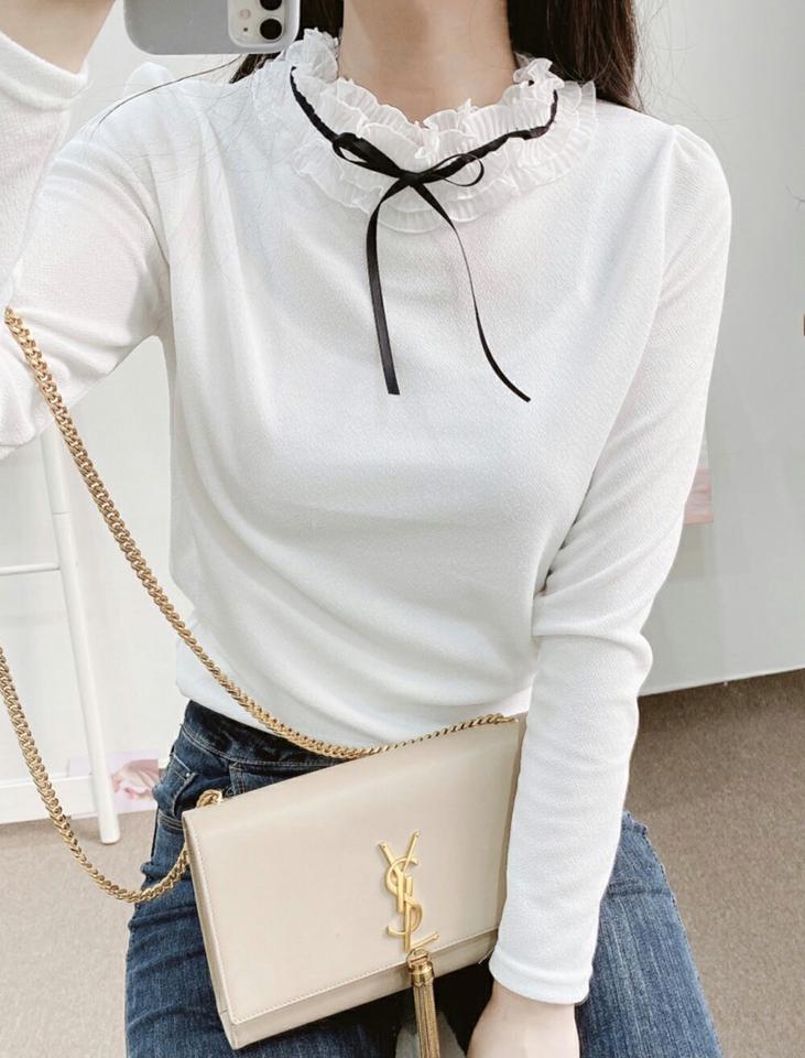 フリルリボンネック長袖Tシャツ・p001659 レディース 【tops】トップス Tシャツ 長袖 柄 模様 襟コン 配色 レース 異素材 フリル リボン りぼん 秋 冬 かわいい 可愛い キュート ラブリー 韓国ファッション MKT