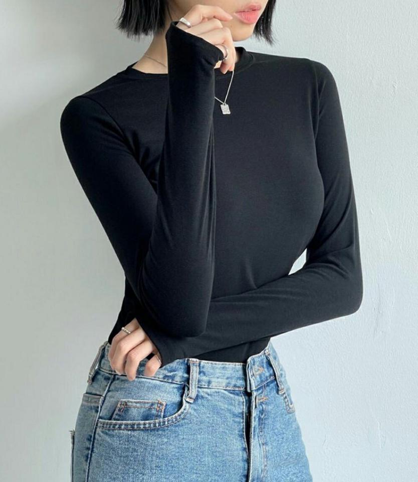 フィンガーホールスリム長袖Tシャツ・p001740 レディース 【tops】トップス Tシャツ 長袖 単色 無地 シンプル ベーシック フィンガーホール 親指 スリム タイト 細身 秋 冬 カジュアル 韓国ファッション MKT