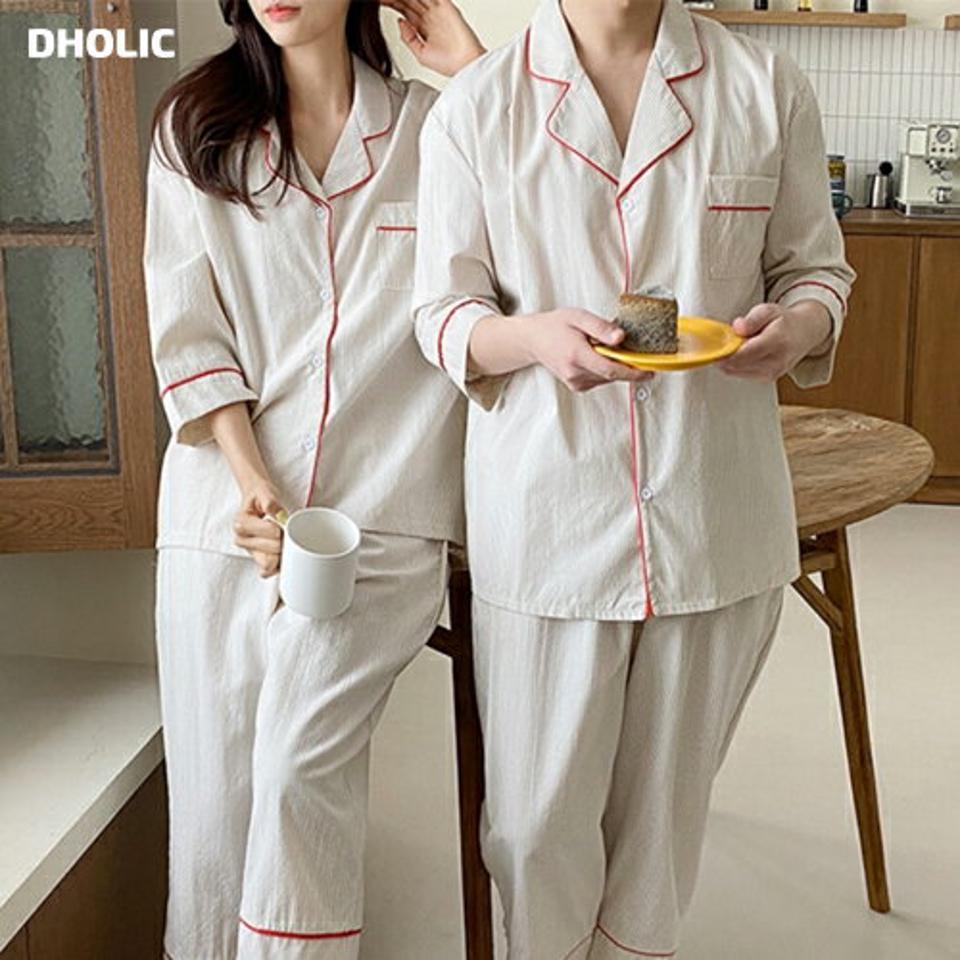 レッド配色ストライプパジャマSET・p001736 レディース 【uw】パジャマ セット セットアップ ルームウェア 部屋着 寝巻 トップス シャツ 七分袖 7分袖 柄 模様 ストライプ 配色 パンツ ロング丈 秋 冬 カジュアル 韓国ファッション MKT