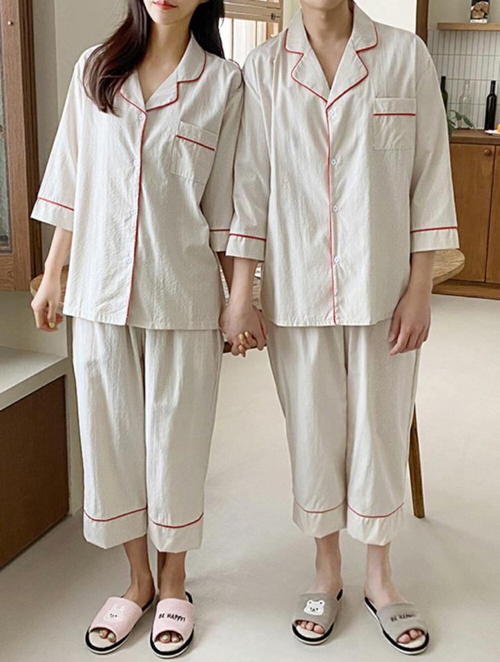 レッド配色ストライプパジャマSET・p001736 レディース 【uw】パジャマ セット セットアップ ルームウェア 部屋着 寝巻 トップス シャツ 七分袖 7分袖 柄 模様 ストライプ 配色 パンツ ロング丈 秋 冬 カジュアル 韓国ファッション MKT