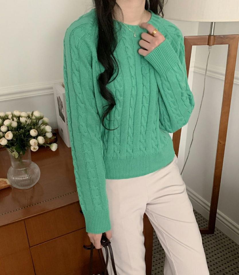 【マラソン特価】ラウンドリブヘムケーブルニット・p001542 レディース 【tops】トップス ニット 長袖 柄 模様 ケーブルニット ケーブル編み ラウンドリブ 秋 冬 カジュアル 単色 ベーシック ラウンドネック 韓国ファッション MKT
