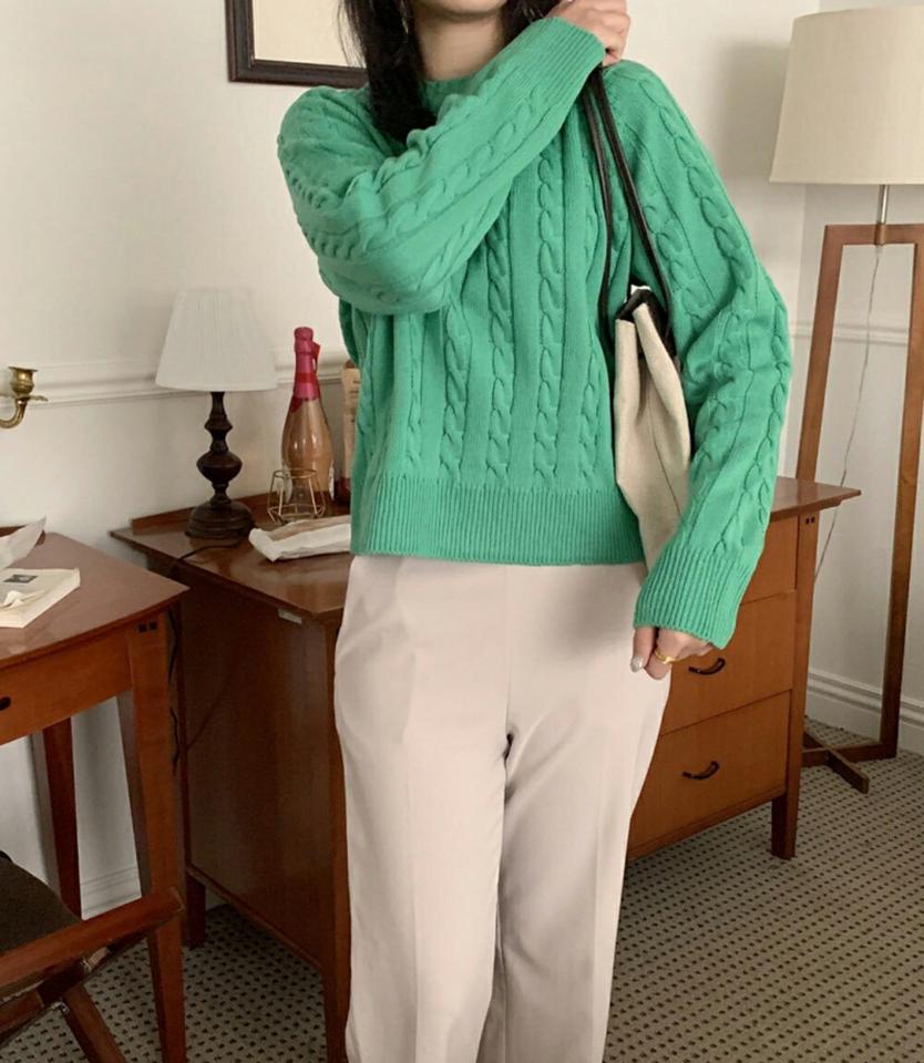 【マラソン特価】ラウンドリブヘムケーブルニット・p001542 レディース 【tops】トップス ニット 長袖 柄 模様 ケーブルニット ケーブル編み ラウンドリブ 秋 冬 カジュアル 単色 ベーシック ラウンドネック 韓国ファッション MKT