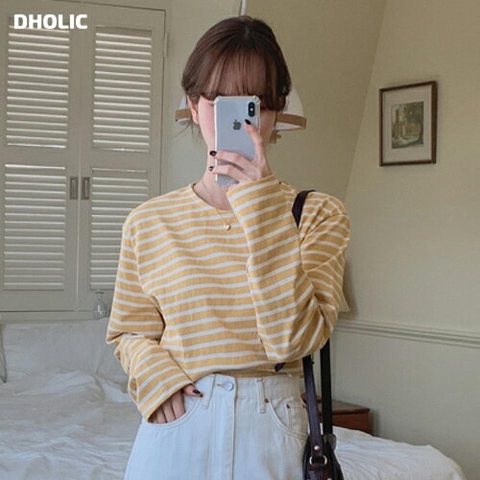 【スーパーセール特価】ボーダーコットン長袖Tシャツ・p001744 レディース 【tops】トップス Tシャツ 長袖 柄 模様 ボーダー コットン 綿 カジュアル ラフ かわいい 可愛い 黄色 イエロー 韓国ファッション MKT