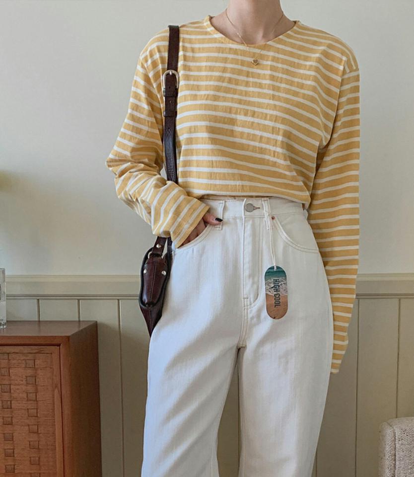 【スーパーセール特価】ボーダーコットン長袖Tシャツ・p001744 レディース 【tops】トップス Tシャツ 長袖 柄 模様 ボーダー コットン 綿 カジュアル ラフ かわいい 可愛い 黄色 イエロー 韓国ファッション MKT