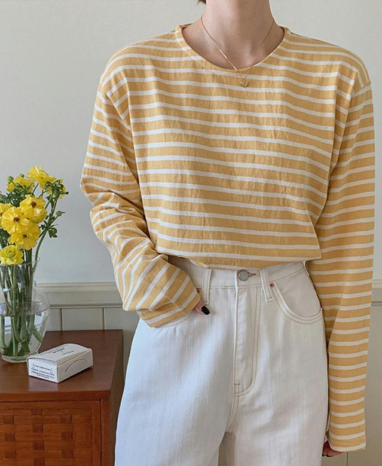 【スーパーセール特価】ボーダーコットン長袖Tシャツ・p001744 レディース 【tops】トップス Tシャツ 長袖 柄 模様 ボーダー コットン 綿 カジュアル ラフ かわいい 可愛い 黄色 イエロー 韓国ファッション MKT