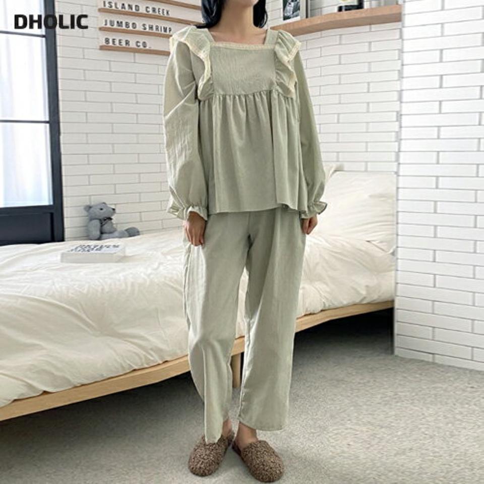 レースフリルチェックパジャマSET・p001763 レディース 【uw】パジャマ セット セットアップ トップス 長袖 柄 模様 チェック フリル レース スクエアネック 鎖骨 デコルテ パンツ ロング丈 秋 冬 キュート ラブリー 韓国ファッション MKT