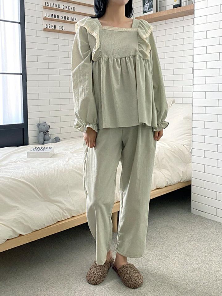 レースフリルチェックパジャマSET・p001763 レディース 【uw】パジャマ セット セットアップ トップス 長袖 柄 模様 チェック フリル レース スクエアネック 鎖骨 デコルテ パンツ ロング丈 秋 冬 キュート ラブリー 韓国ファッション MKT