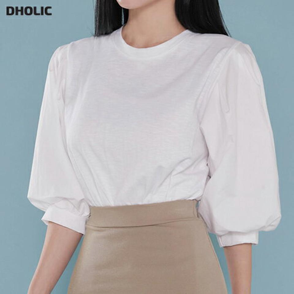 バルーン7分袖Tシャツ・b00055 レディース 【tops】トップス Tシャツ ラウンドネック 7分袖 バルーン タック ギャザー コットン 綿 無地 単色 シンプル 可愛い かわいい 大人 フェミニン カジュアル 秋 冬 春 韓国ファッション