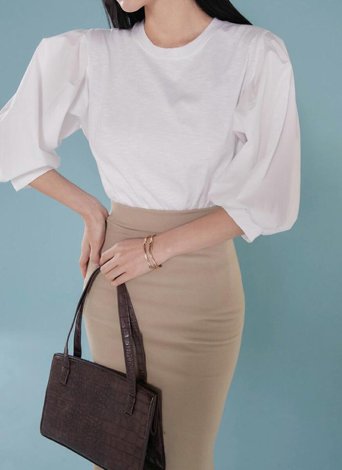 バルーン7分袖Tシャツ・b00055 レディース 【tops】トップス Tシャツ ラウンドネック 7分袖 バルーン タック ギャザー コットン 綿 無地 単色 シンプル 可愛い かわいい 大人 フェミニン カジュアル 秋 冬 春 韓国ファッション