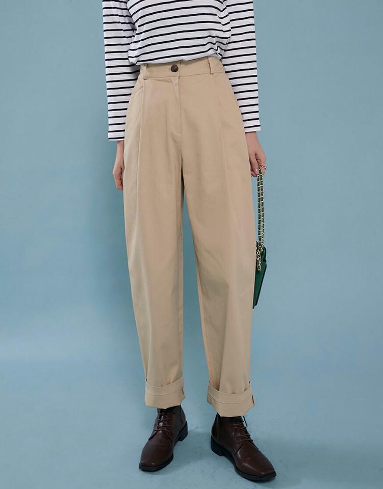 ワンタックワイドコットンパンツ・t00046 レディース 【pt】ボトムス ロング ロングパンツ ワンタック ワイド コットン 綿 ハイウエスト ロング丈 無地 単色 シンプル フェミニン カジュアル 秋 冬 春 韓国ファッション