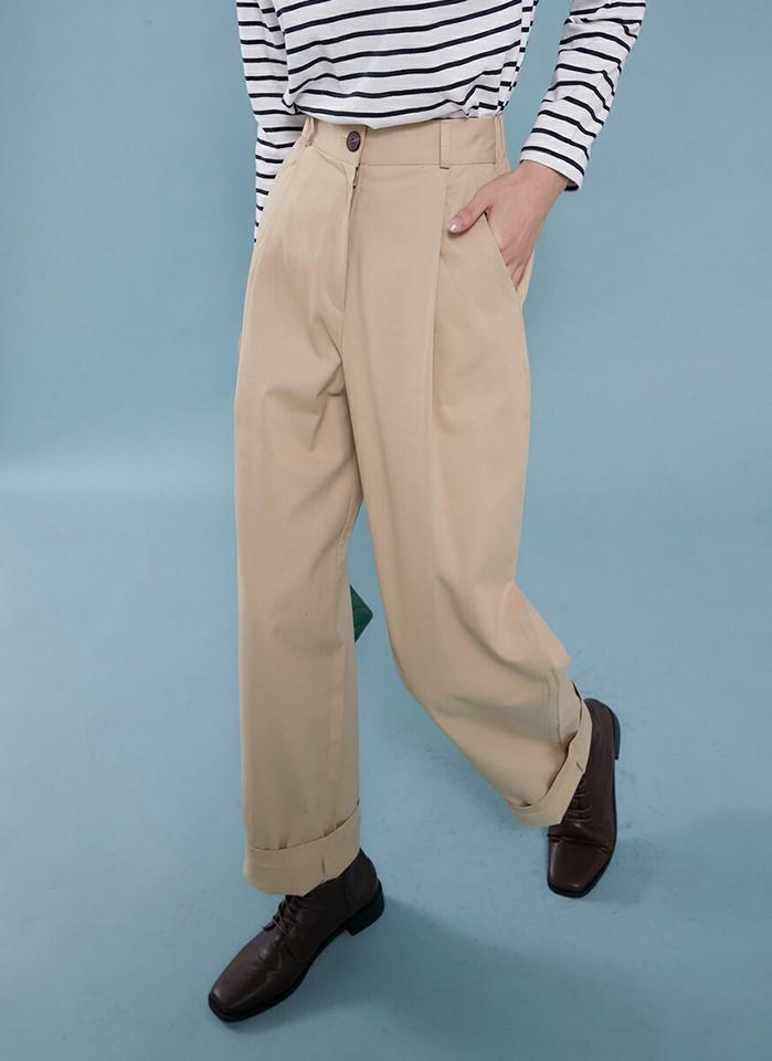 ワンタックワイドコットンパンツ・t00046 レディース 【pt】ボトムス ロング ロングパンツ ワンタック ワイド コットン 綿 ハイウエスト ロング丈 無地 単色 シンプル フェミニン カジュアル 秋 冬 春 韓国ファッション