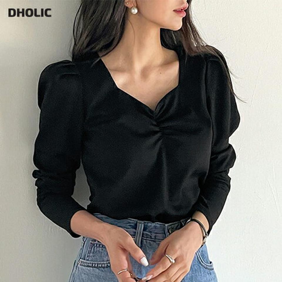 【送料無料・メール便】ハートネックギャザー長袖Tシャツ・t71755 レディース 【tops】 トップス Tシャツ ハートネック 長袖 パフ シャーリング ロップド 無地 単色 シンプル 可愛い フェミニン カジュアル 秋 冬 春 韓国ファッション【UB3】