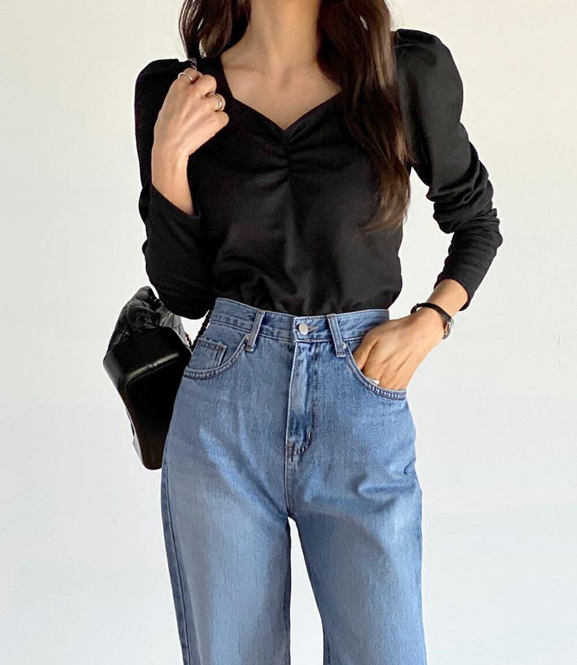 【送料無料・メール便】ハートネックギャザー長袖Tシャツ・t71755 レディース 【tops】 トップス Tシャツ ハートネック 長袖 パフ シャーリング ロップド 無地 単色 シンプル 可愛い フェミニン カジュアル 秋 冬 春 韓国ファッション【UB3】