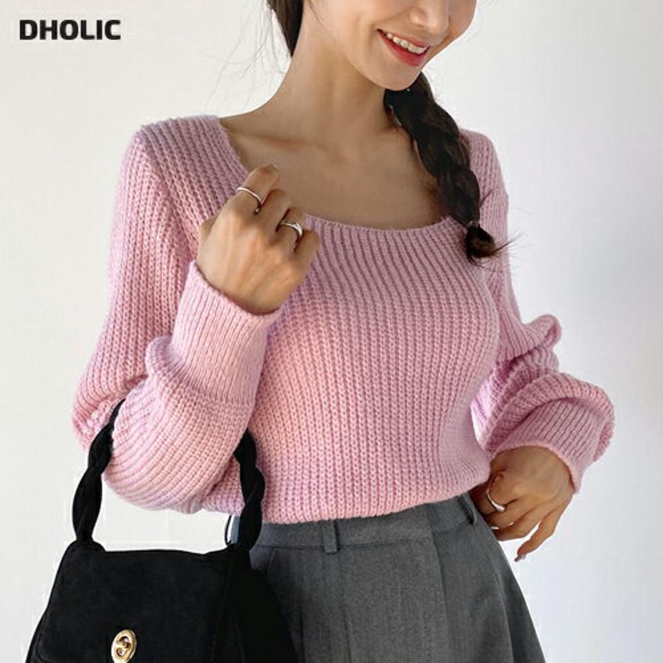 スクエアネックニット・t71754 レディース 【tops】トップス ニット スクエアネック 長袖 リブヘム クロップド丈 無地 単色 シンプル 大人 フェミニン カジュアル かわいい 可愛い 秋 冬 春 韓国ファッション