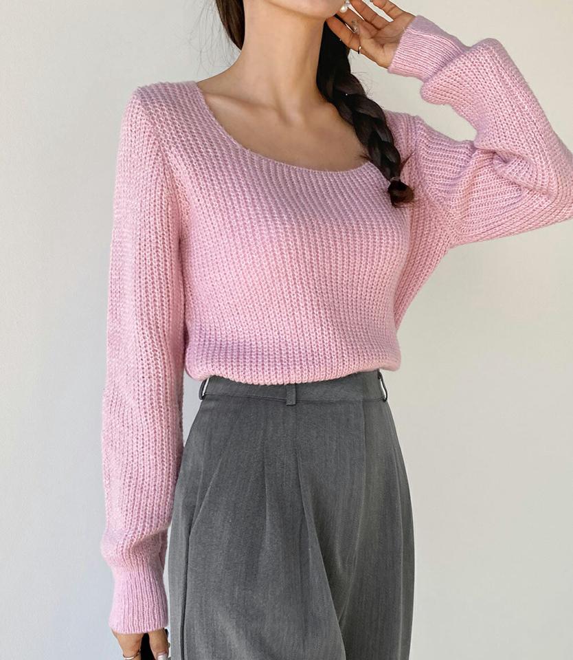 スクエアネックニット・t71754 レディース 【tops】トップス ニット スクエアネック 長袖 リブヘム クロップド丈 無地 単色 シンプル 大人 フェミニン カジュアル かわいい 可愛い 秋 冬 春 韓国ファッション
