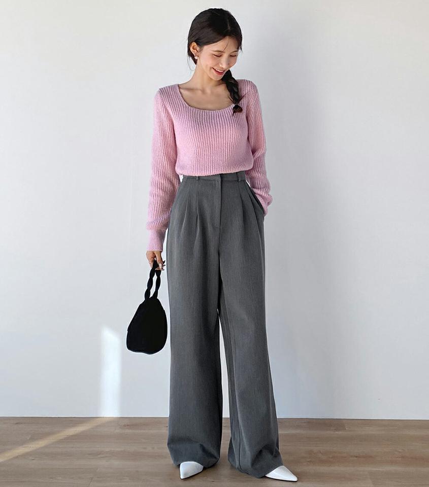 スクエアネックニット・t71754 レディース 【tops】トップス ニット スクエアネック 長袖 リブヘム クロップド丈 無地 単色 シンプル 大人 フェミニン カジュアル かわいい 可愛い 秋 冬 春 韓国ファッション