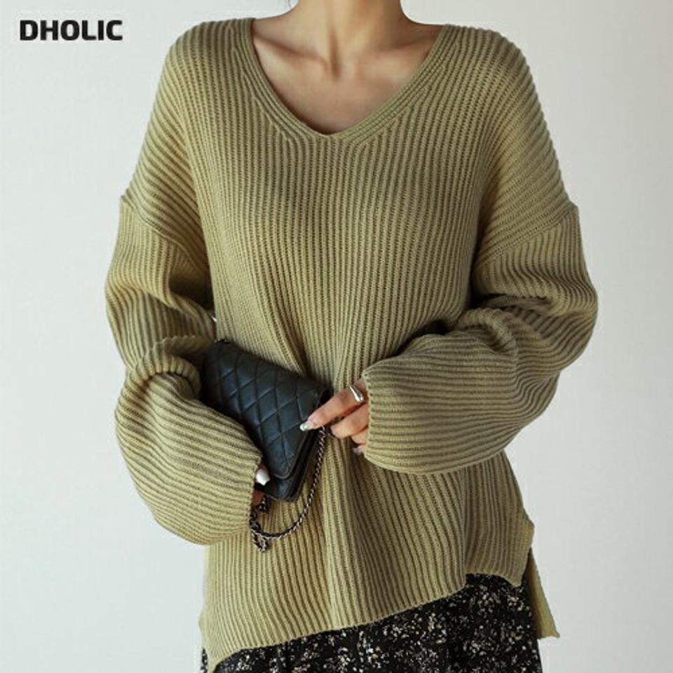 Vネックアンバランスルーズニット・t71733 レディース 【tops】トップス ニット Vネック 長袖 ドロップショルダー アンバランス丈 スリット ルーズ 無地 単色 シンプル 大人 フェミニン カジュアル かわいい 可愛い 秋 冬 春 韓国ファッション