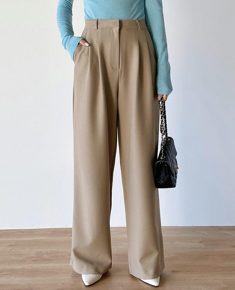 ワイドツータックホックスラックス・t71729 レディース 【pt】ボトムス ロング ロングパンツ スラックス ツータック ハイウエスト ヒップダーツ ワイド ストレート ロング丈 無地 単色 シンプル フェミニン カジュアル 秋 冬 春 韓国ファッション