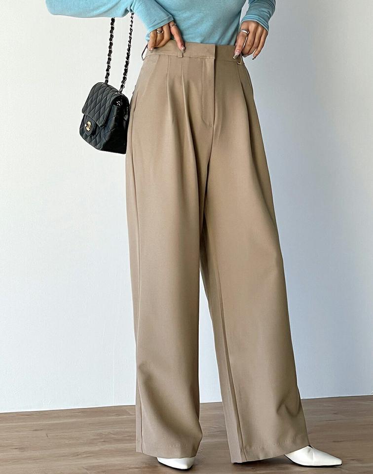 ワイドツータックホックスラックス・t71729 レディース 【pt】ボトムス ロング ロングパンツ スラックス ツータック ハイウエスト ヒップダーツ ワイド ストレート ロング丈 無地 単色 シンプル フェミニン カジュアル 秋 冬 春 韓国ファッション