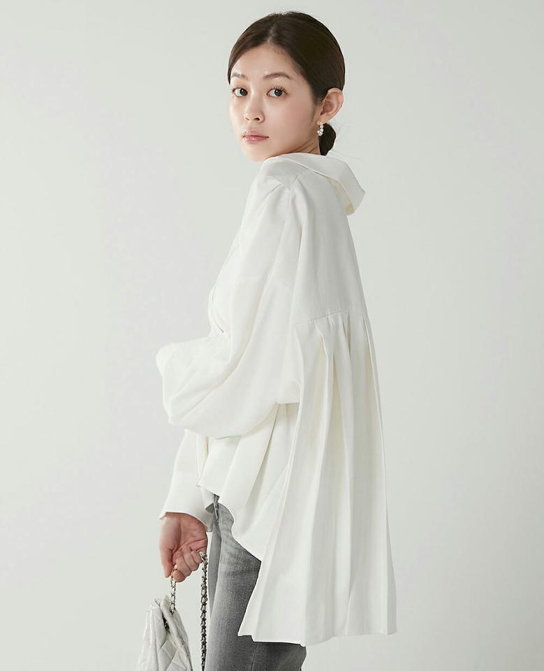 バックプリーツシャツ・t00312 レディース 【bl】トップス シャツ カラーネック 長袖 バルーン バックプリーツ タック 無地 単色 シンプル 大人 カジュアル フェミニン 可愛い かわいい 秋 冬 春 韓国ファッション