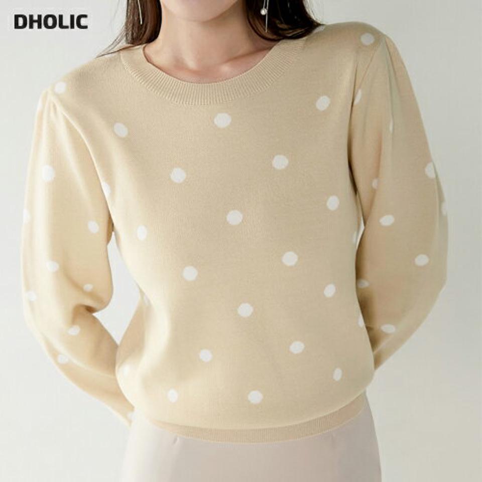 ラウンドネックドットニット・b00328 レディース 【tops】トップス ニット ラウンドネック 長袖 ドット柄 配色 リブヘム 総柄 柄ニット シンプル 大人 フェミニン カジュアル かわいい 可愛い 秋 冬 春 韓国ファッション