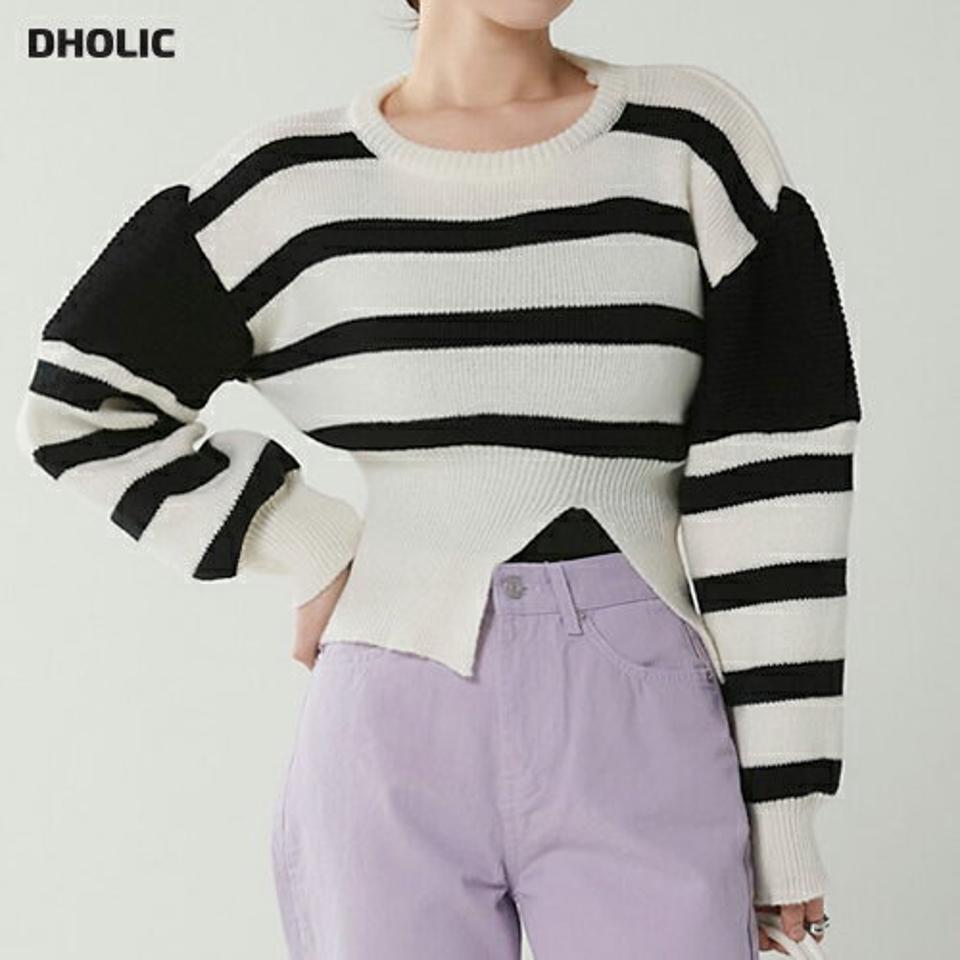 ボーダースリットニット・t00314 レディース 【tops】トップス ニット ラウンドネック 長袖 ボーダー ク スリット リブヘム ロップド丈 シンプル 大人 フェミニン カジュアル かわいい 可愛い 秋 冬 春 韓国ファッション