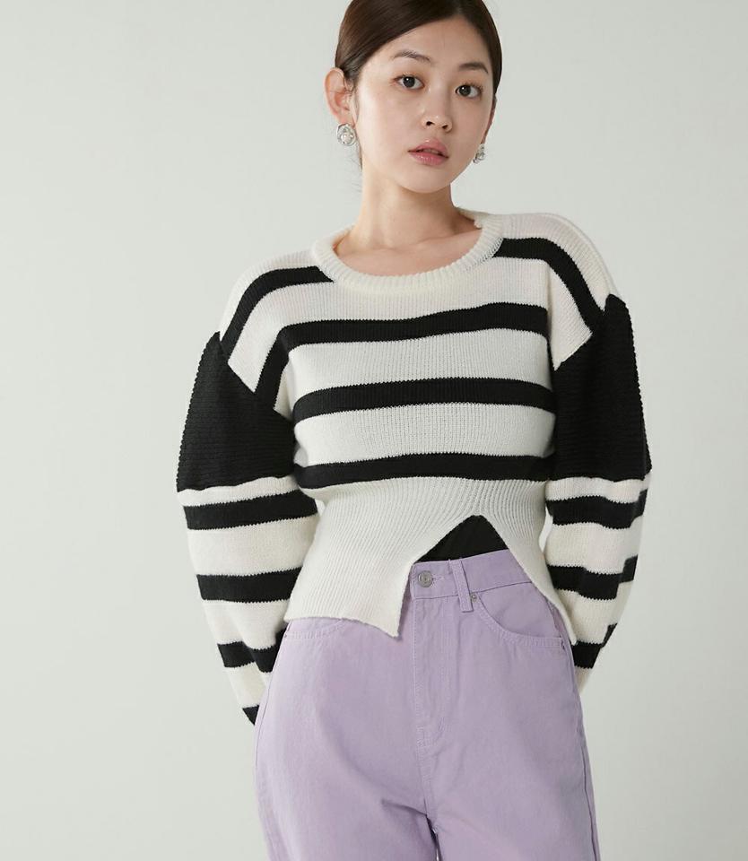 ボーダースリットニット・t00314 レディース 【tops】トップス ニット ラウンドネック 長袖 ボーダー ク スリット リブヘム ロップド丈 シンプル 大人 フェミニン カジュアル かわいい 可愛い 秋 冬 春 韓国ファッション