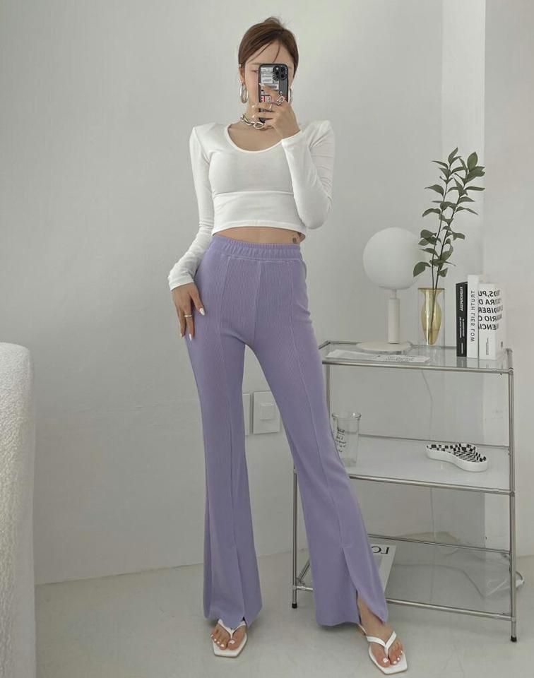 スリットフレアリブパンツ・p001691 レディース 【pt】パンツ ロング丈 単色 無地 シンプル ベーシック スリット フレア スリム 細身 タイト リブ ウエストゴム 楽ちん 春 夏 秋 冬 カジュアル ラフ 韓国ファッション MKT