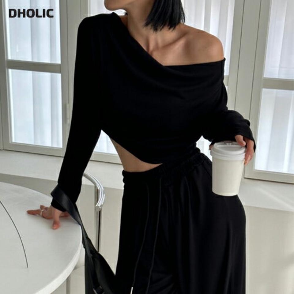 2WAYドレープTシャツ&ワイドパンツSET・p001881 レディース 【pt】セットアップ セット setup トップス Tシャツ 長袖 単色 無地 シンプル ベーシック ドレープネック 鎖骨 デコルテ パンツ ロング丈 秋 冬 カジュアル ラフ 韓国ファッション MKT