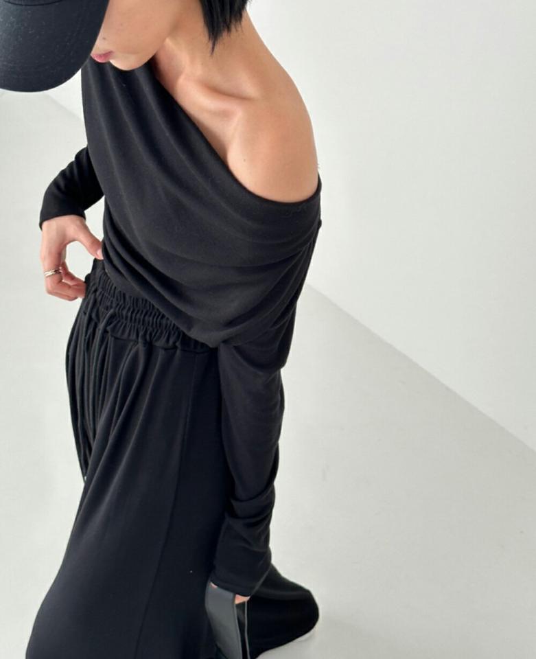 2WAYドレープTシャツ&ワイドパンツSET・p001881 レディース 【pt】セットアップ セット setup トップス Tシャツ 長袖 単色 無地 シンプル ベーシック ドレープネック 鎖骨 デコルテ パンツ ロング丈 秋 冬 カジュアル ラフ 韓国ファッション MKT