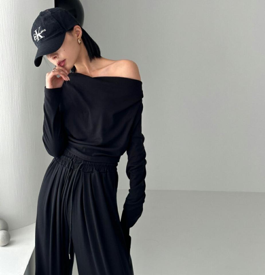 2WAYドレープTシャツ&ワイドパンツSET・p001881 レディース 【pt】セットアップ セット setup トップス Tシャツ 長袖 単色 無地 シンプル ベーシック ドレープネック 鎖骨 デコルテ パンツ ロング丈 秋 冬 カジュアル ラフ 韓国ファッション MKT