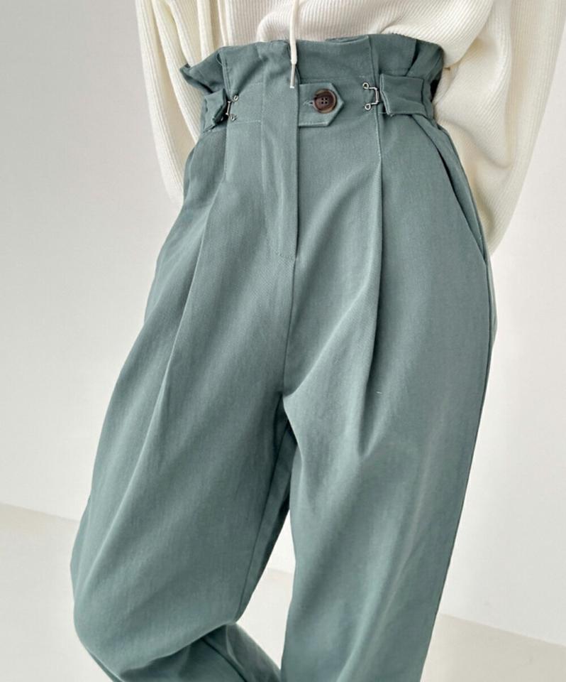 サイドホックボタンタックパンツ・p001876 レディース 【pt】パンツ ロング丈 単色 無地 シンプル ベーシック タック ハイウエスト ユニーク 秋 冬 ボタン ぼたん カジュアル かわいい 可愛い 韓国ファッション MKT