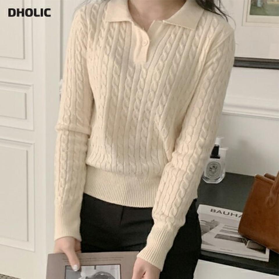 カシミヤ混ポロカラーケーブルニット・p001543 レディース 【tops】トップス ニット 長袖 単色 柄 模様 カシミヤ混 ケーブル編み ケーブルニット 襟コン ポロ襟 秋 冬 かわいい 可愛い キュート 端正 韓国ファッション MKT