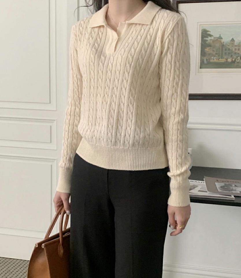 カシミヤ混ポロカラーケーブルニット・p001543 レディース 【tops】トップス ニット 長袖 単色 柄 模様 カシミヤ混 ケーブル編み ケーブルニット 襟コン ポロ襟 秋 冬 かわいい 可愛い キュート 端正 韓国ファッション MKT